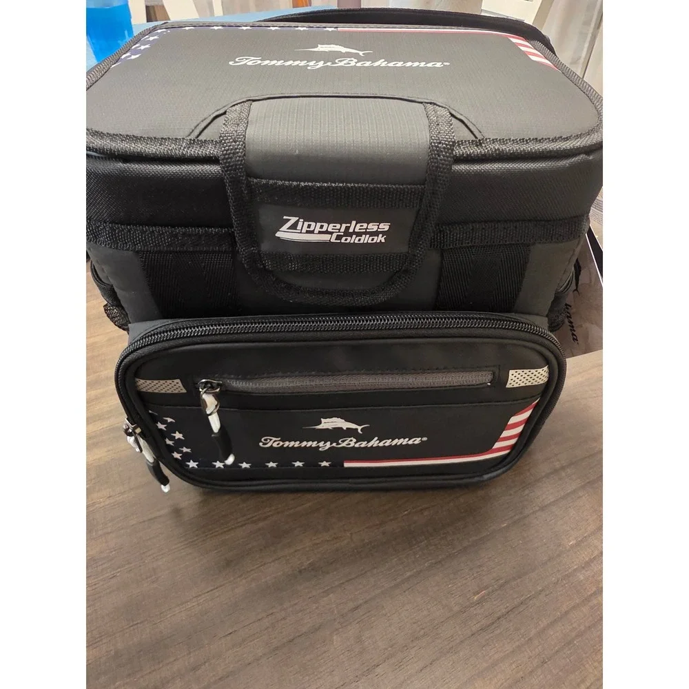 Tommy Bahama Zipperless Coldlok 9 Can Lunch Box Cooler American Flag Black NWT